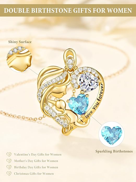 14K Gold Double Birthstone Heart Necklace for Women Mom, Mother Son/Daughter Pendant Necklace for Christmas Mother's Day Birthday Gifts for Wife Daughter Grandmom - Bloomnest