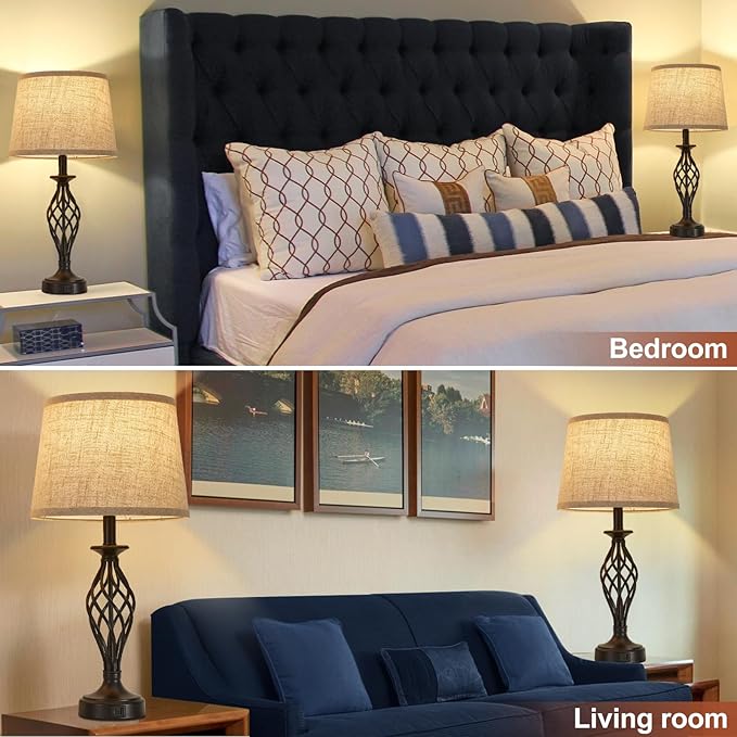 Table Lamp for Bedroom Set of 2 with USB C+A Ports, Modern Bedside Lamps with Spiral Cage Base, Fabric Shade, Nightstand Lamp for Living Room Reading Bed Side End Table, 2 LED Bulbs Included Black - Bloomnest