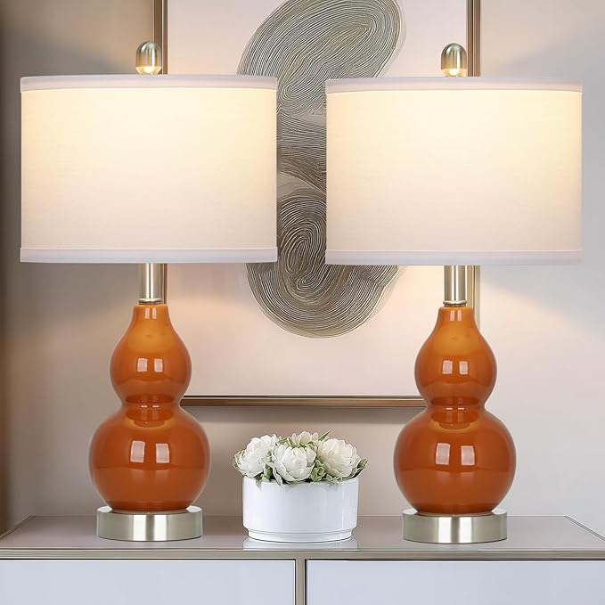 22" Modern Double Gourd Ceramic Table Lamps Set of 2, Red Bedside Lamps for Living Room, Contemporary Nightstand Desk Lamps for Bedroom End Table Home Office Decor(2 LED Bulbs Included) - Bloomnest