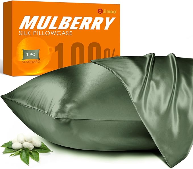 100% Mulberry Silk Pillowcase for Hair and Skin, 22 Momme Pure Natural Silk Pillow Case Both Sided with Zipper, Pillow Cover for Women Mom Men (Matcha, Standard 20''×26'', 1 Pack) - Bloomnest