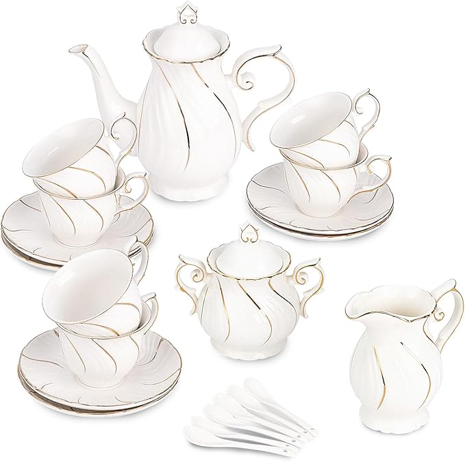 Tea Set 21-Piece Porcelain tea cups and saucers set of 6 with Sugar and Creamer Set & Teapot,teapot set for Adults, Women Tea Party,White - Bloomnest