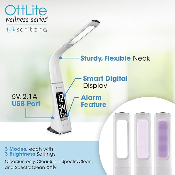 OttLite Thrive LED Sanitizing Desk Lamp with Clock and USB Charging - Eliminates up to 99.9% of Bacteria, Touch Activated, Flexible Neck, Modern Light for Reading, Crafting & Office Desktop - Bloomnest