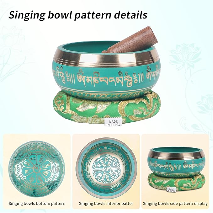 Kmise Tibetan Singing Bowls Set- Handmade in Nepal Meditation Sound Bowls for Yoga, Meditation, Mindfulness, Healing and Chakra Balancing, Stress Relief (5', Green) - Bloomnest