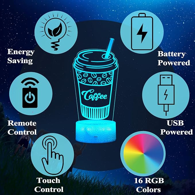 Coffee Gift, Coffee Cup Decor, 3D Illusion Night Light Lamp, 16 Colors Changing, Remote Control, Dimmable, Cafe Shop Room Decoration - Bloomnest
