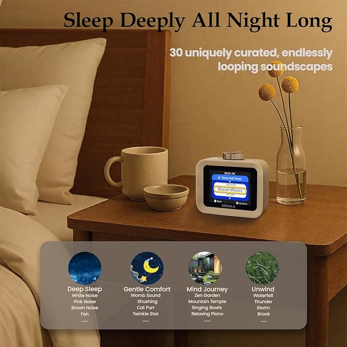 Dekala AuraDot White Noise Sound Machine for Sleep w/Temperature Humidity Monitor, 30 Non-Loop Soothing Sounds, Timer/Play All Night, IPS Screen Sleep Animation, 7-Day Programmable 4 Alarm Clock