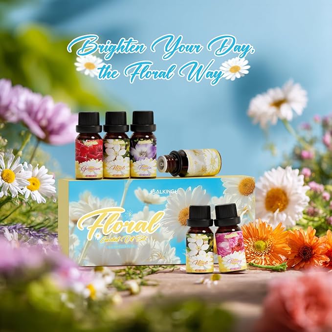 SALKING Essential Oils Gift Set, 100% Pure Fragrance Oil Aromatherapy Essential Oils Set,Premium Scented Oils for Oil Diffusers 6 x 10 ML - Jasmine, Neroli, Honeysuckle, Peony, Geranium, Freesia - Bloomnest