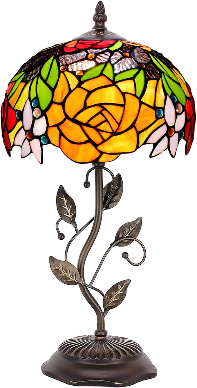 Tiffany Lamp Table Lamp Stained Glass Desk Lamps 10X10X19 Inches Reading Light Decor Bedroom Living Room (Red Rose Style) - Bloomnest