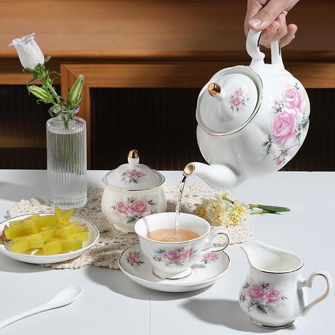 Sweejar Porcelain Tea Sets, Vintage British Floral Relief Gold Rimmed Teapot Cup and Saucer Set, Tea Set Service for 6, with Teapot, Sugar Bowl, Milk Jug, Spoons, Tea Cup and Saucer (Pink Flower) - Bloomnest
