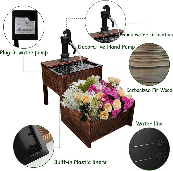 Outdoor Water Fountain，Floor Wooden Rectangular Double-Layer Old-Fashioned Pump Fountain with Flower Box，Plug-in Electric Decorative Hand Pump,Outdoor Water Feature for Garden Patio Backyard - Bloomnest