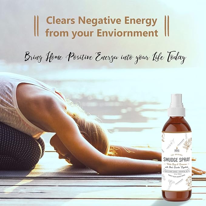 SOUL STICKS White Sage & Cinnamon Smudge Spray – 3.5oz Smokeless Energy Mist with Quartz Crystals – Non-Toxic Cleansing Spray for Aura, Home, Car, Meditation, Yoga, Stress Relief & Protection SoulSticks