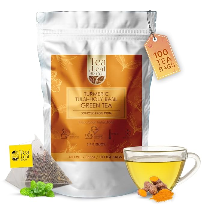 Tealeaf & Co. Turmeric Tulsi Holy Basil Green Tea - Turmeric, Tulsi & Peppermint Tea Blended with Fresh Herbs & Spices - Low Caffeine & Vegan - 100 Teabags (7.055oz/200gm) - Bloomnest