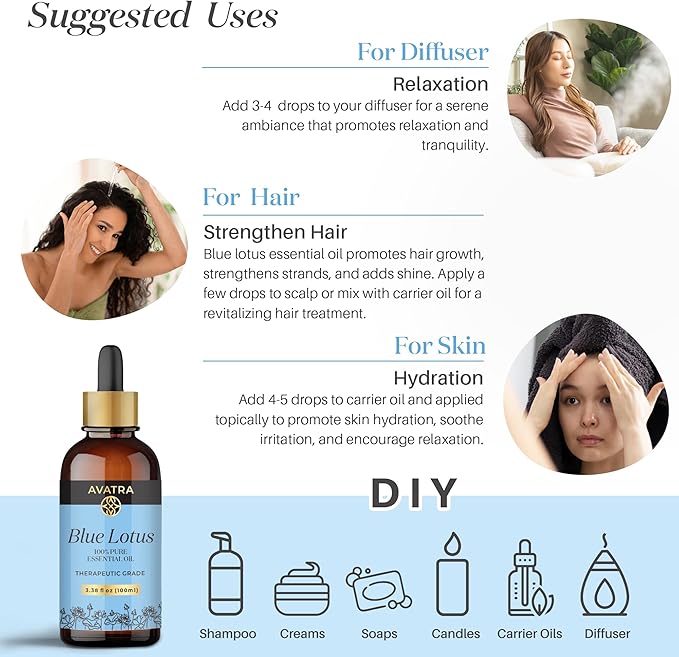 Avatra Blue Lotus Essential Oil for Diffuser, Skin & Candles | Natural & Undiluted Essential Oil | Aromatherapy, Soaps, Candles | Therapeutic Grade Essential Oil- 3.38 Fl Oz - Bloomnest