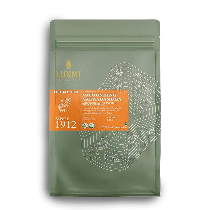 Luxmi Estates Astounding Ashwagandha Tea, 50 Tea Bags, with Ashwagandha, Turmeric, Ginger, Lemongrass & More, for Stress Relief, Calming, and Relaxing - Bloomnest