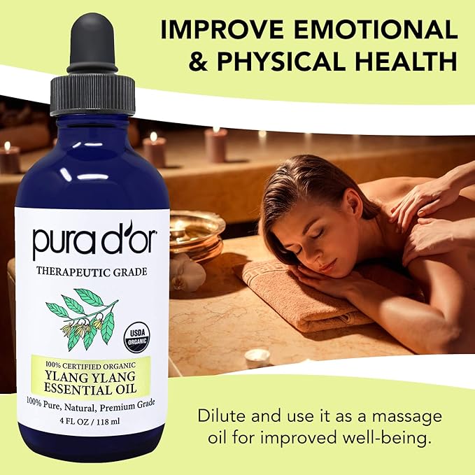 PURA D'OR Organic Ylang Ylang Essential Oil (4oz with Glass Dropper) 100% Pure & Natural Therapeutic Grade for Hair, Body, Skin, Aromatherapy Diffuser, Relaxation, Massage, Mood, Antioxidant Support - Bloomnest