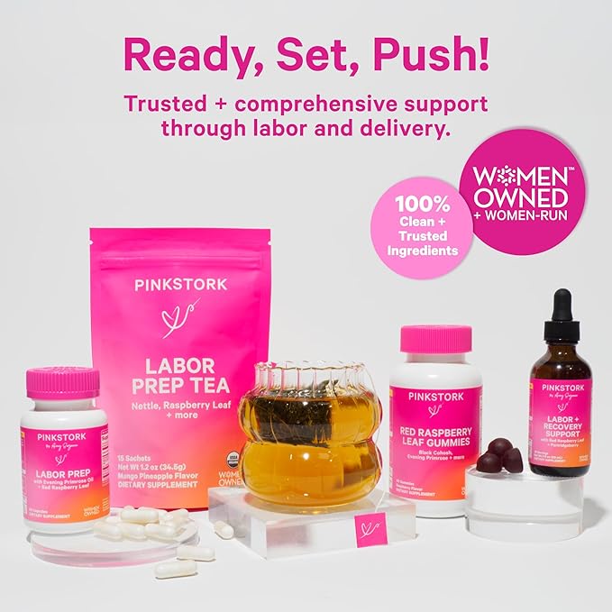 Pink Stork Labor Prep Tea, Organic Red Raspberry Leaf with Chamomile and Rosehip, Caffeine-Free, Pregnancy Must Haves, Labor and Delivery Essentials, Third Trimester Pregnancy - 15 Sachets - Bloomnest