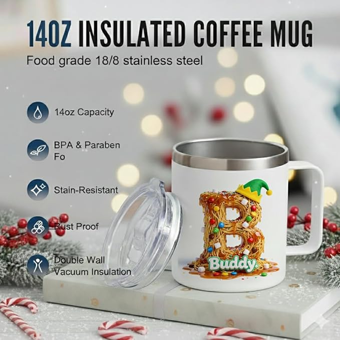 Personalized Buddy The Elf Spaghetti Mug, Custom Name Christmas Coffee Cup - 14oz Insulated Tumbler with Handle & Lid, Funny Christmas Movie Fan Gift for Men, Women, Friends (B61) - Bloomnest