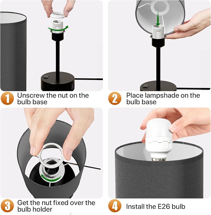 KPQ Small Bedside Lamp Touch Control Table Lamp with USB A+C Charging Ports & AC Outlet 3-Way Dimmable Nightstand Lamp with Linen Fabric Shade for Bedroom Living Room - Bloomnest