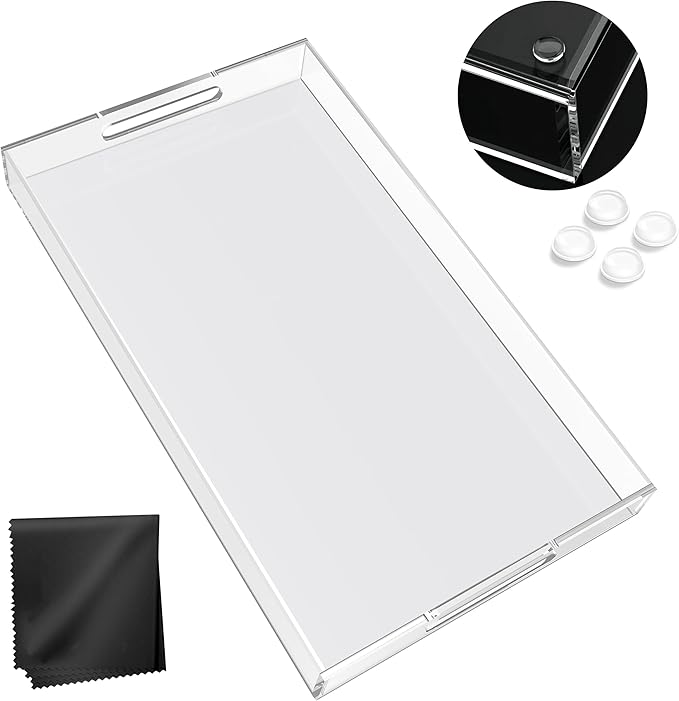 Acrylic Tray 20x12 with Cut Handles - Spill Proof Decorative Tray is an Ideal Countertop Organizer for Living Rooms, Ottoman Coffee Tables, Offices, Kitchens & Serving Guests - Bloomnest