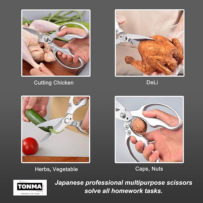 TONMA Kitchen Shears Heavy Duty [Made in Japan] Multipurpose Stainless Steel Poultry Shears, Japanese Kitchen Scissors Sharp Non-Slip Cooking Scissors for Chicken, Fish, Food, Herbs - Bloomnest