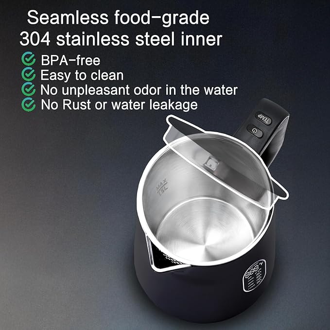 1.5L Electric Kettle Stainless Steel, Double Wall Cool Touch Teapot, Fast Boil,5 Temperature Control, LED Display, Auto Shut-Off, BPA-Free,Keep Warm Function, Ideal for Tea & Coffee,Black - Bloomnest