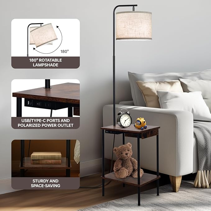 Floor Lamp with Table & Drawers, End Table Lamp with USB Charging Portt Power Outlet and Shelves, Side Table Reading Light with 3 Color Temperature Led Bulb Included for Living Room, Yellow - Bloomnest