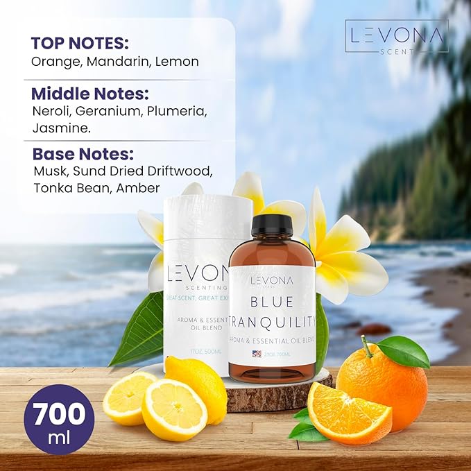 Levona Scent Essential Oil - Fresh Aroma for Home, Office, Hotel & Spa, Perfect in Humidifiers and Diffusers, Luxury Fragrance, with Coastal Breeze & Citrus Notes - 700ml/ 23 fl oz, Blue Tranquility LEVONASCENT