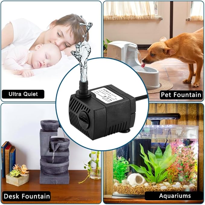 90 GPH Mini Submersible Pump, Small Fountain Pump (5W 350L/H) for water feature, Aquariums, Fish Tank, Tabletop Fountain, Pet Fountain, Indoor or Outdoor Pond Fountain - Bloomnest