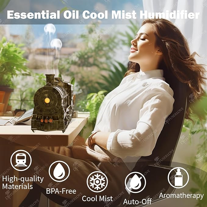 Diffuserlove Essential Oil Diffuser 300ML Train Cool Mist Humidifier Quiet Aromatherapy Diffuser with Night Light for Bedroom Desk - Bloomnest