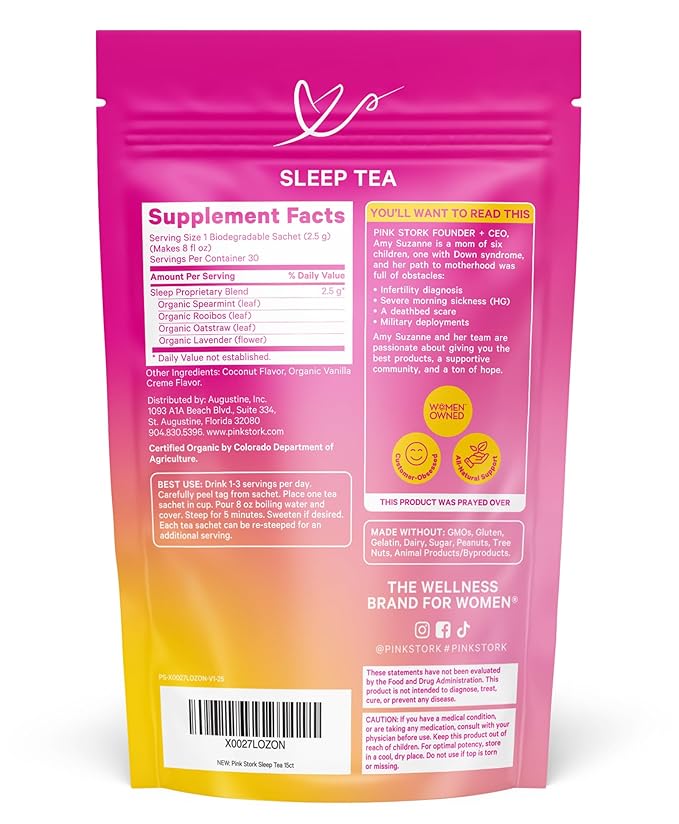 Pink Stork Organic Sleep Tea - Melatonin-Free - Calming Lavender Coconut Herbal Tea to Naturally Support Sleep - Pregnancy Friendly Bedtime Tea, Caffeine-Free - 15 Sachets, Hot or Iced - Bloomnest