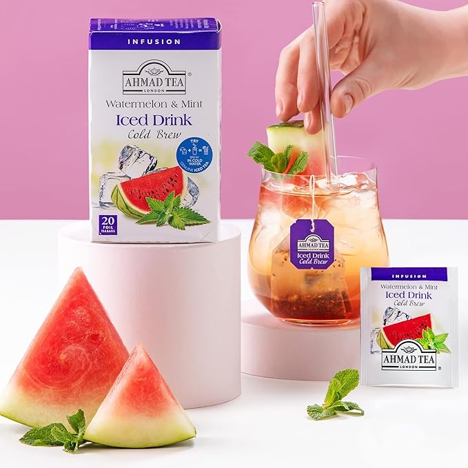 Ahmad Tea Herbal Tea, Cold Brew Watermelon & Mint Teabags, Iced Tea, 20 ct (Pack of 6) - Decaffeinated - Bloomnest