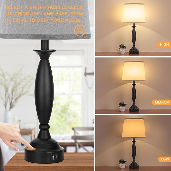 Grey Lamps for Bedrooms Set of 2 - Touch Control Bedside Lamp with USB C+A, 3 Way Dimmable Nightstand Lamps with USB Port, Table Lamp for Living Room(Grey Shade and Black Base) - Bloomnest