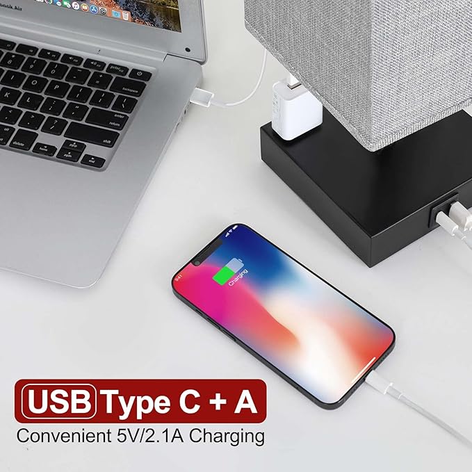Bedside Table Lamp for Bedroom - Touch Small Lamp with USB C+A Charging Ports & AC Outlets, 3 Way Dimmable Nightstand Light for Living Room (LED Bulb Included, Grey) - Bloomnest
