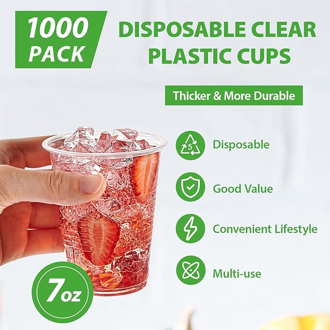 Lilymicky 1000 PACK 7 oz Clear Plastic Cups, 7 Ounce Disposable Drinking Cups for Birthday Parties, Picnics, Ceremonies, and any Events - Bloomnest