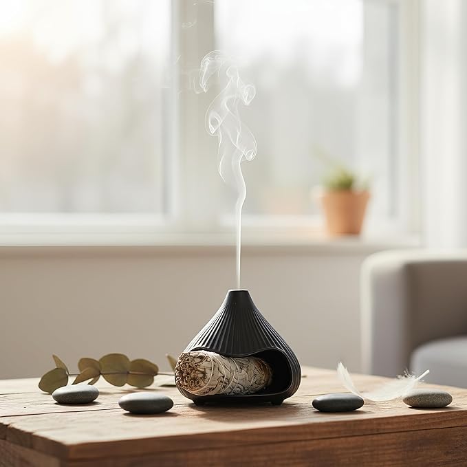 Retro Ceramic Palo Santo Holder, Sage Smudge Burner, Mini Fireplace Mount Fuji Chimney Incense Ash Catcher, Boho Zen Meditation Home Decor Gift (Matte Black) Bloomnest