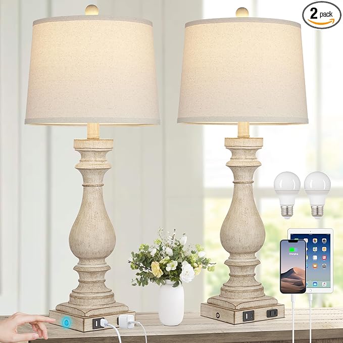 27.5" Farmhouse Table Lamp for Living Room Set of 2,Vintage Bedside Lamps with USB C+A Ports & AC Outlet,3-Way Dimmable Touch Control White Washed Finish Nightstand Lamp for Bedroom,Beige - Bloomnest