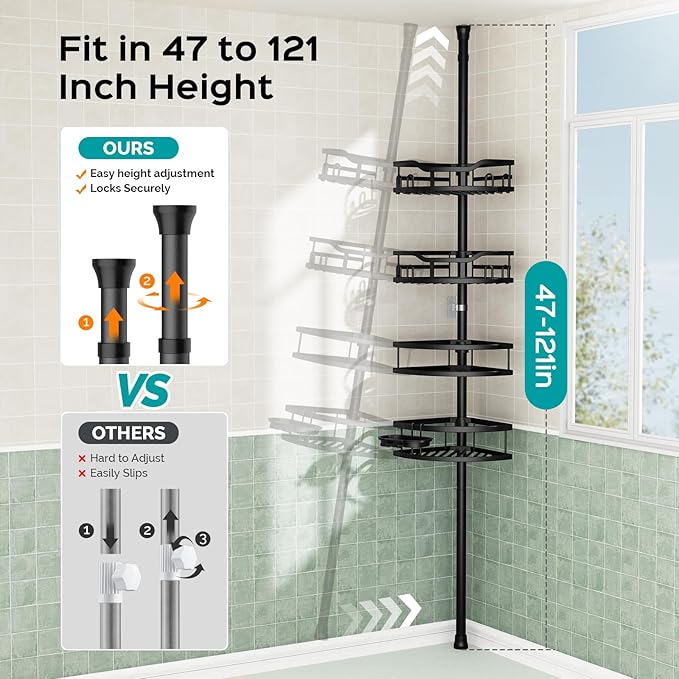 HAMITOR Corner Shower Caddy Tension Pole: Rustproof Stable 4-Tier Bathroom Organizer Shelves for Bathtub Shampoo Storage - 47-121 Inch Quick Install Adjustable Standing Rack with Soap Rack - Black - Bloomnest