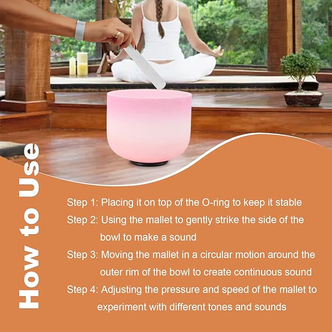Crystal Singing Bowl 10 inch C Note, Colorful Pink Sound Bowl with Mallet O-ring, Sound Healing Instruments for Healing Mindfulness Meditation Yoga Sound Baths - Bloomnest