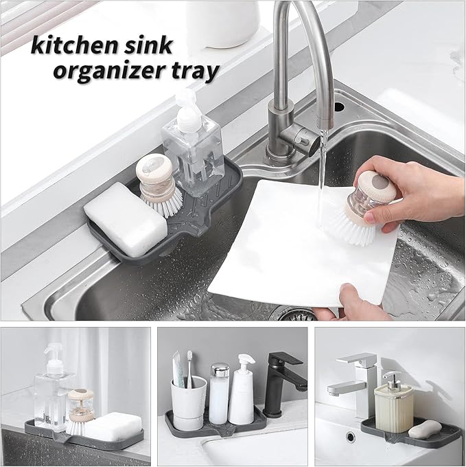 Silicone Bathroom Soap Dishes with Drain Spout-Bathroom and Kitchen Sink Organizer,Sponge Holder,Dish Soap Tray,Perfect for Dispenser,Scrubber,Bottle,Cup on Sink or Counter-Grey 9.6"×5.3" - Bloomnest