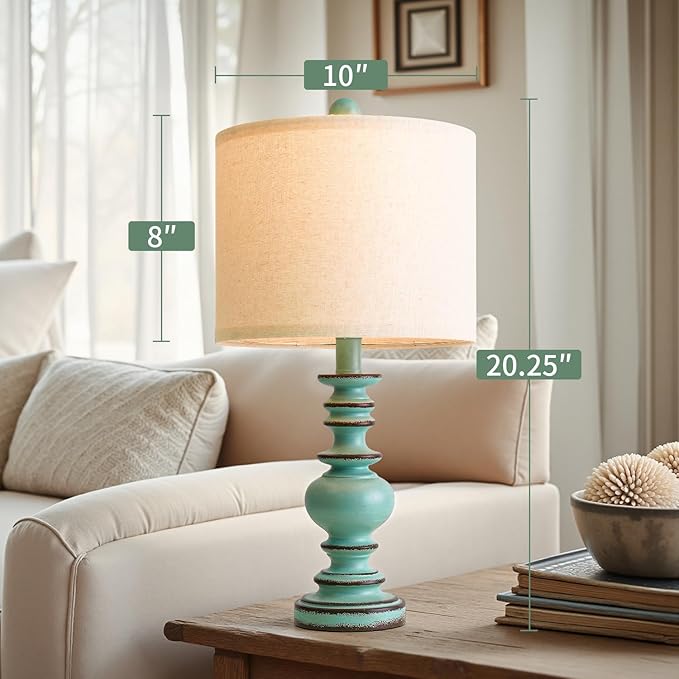 BOBOMOMO 20" Distressed Teal Bedside Lamps Set of 2, Hand-Painted Vintage Resin Lamps with Linen Shades, Cottage Farmhouse Lamp for Living Room, Bedroom, and Hallway, Space-Saving Accent Lamps - Bloomnest