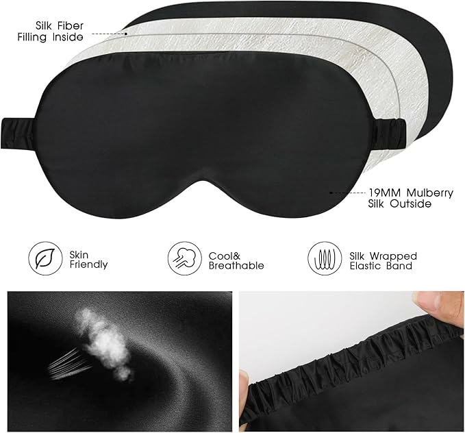 Silk Eye Mask for Sleeping for Women/Men/Adults with Elastic Strap,Blackout Pure Mulberry Silk Sleep Mask for Side Sleeper/Travel/Plane,Black - Bloomnest