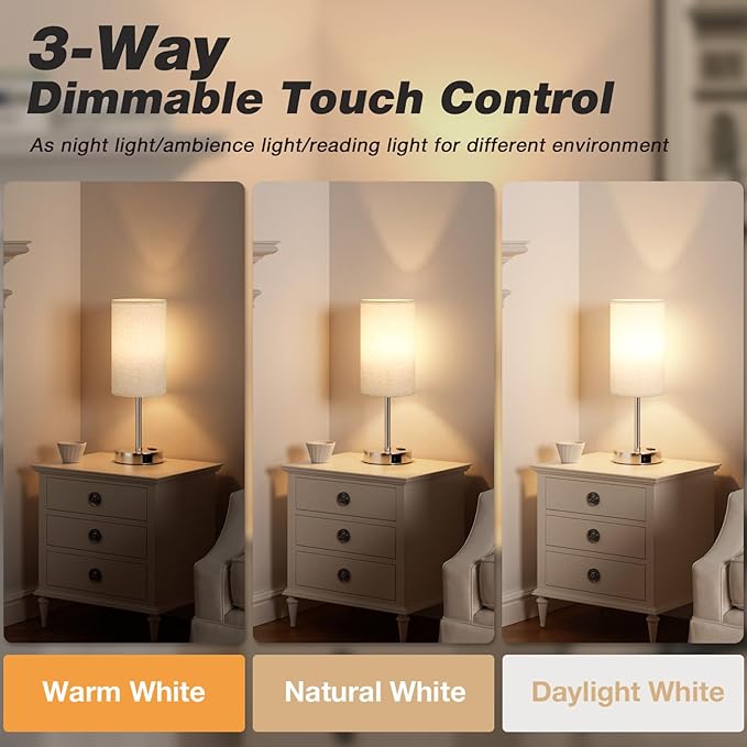 17.4Inch Bedside Touch Table Lamps for Bedroom Nightstand with USB-C USB-A Charging Ports White - 3 Way Dimmable Control Small Lamp Fabric Shade Silver Base for Office, Dorm Room, Living Room, Reading - Bloomnest