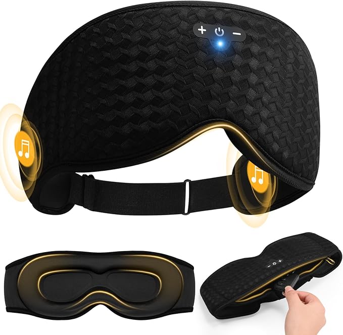 3D Contoured Sleep Mask with Bluetooth Headphones, Adjustable Blackout Sleeping Mask, Easy Installation Sleeping Headphones with Ultra-Thin Stereo Speakers for Men, Women - Black - Bloomnest
