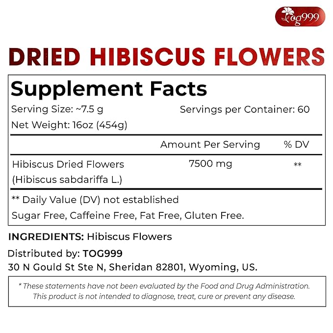 TOG999, Premium Hibiscus Flowers 16oz | Dried Petals | Naturally Caffeine-Free Herbal Tea | Vibrant Color & Tart Floral Flavor | Non-GMO, Gluten-Free, Vegan | Perfect for Tea, Beverages, and Crafts - Bloomnest