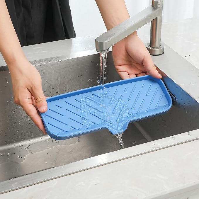 Silicone Bathroom Soap Dishes with Drain Spout-Bathroom and Kitchen Sink Organizer,Sponge Holder,Dish Soap Tray,Perfect for Dispenser,Scrubber,Bottle,Cup on Sink or Counter-Lichen Blue 12"×4" - Bloomnest
