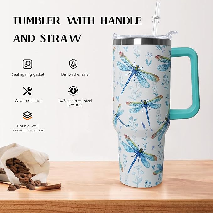 40 oz Dragonfly Tumbler With Lid and Straw - Water Bottle, Coffee Mug, Travel Cup - Gifts for Women, Ornament, Accessories - Bloomnest