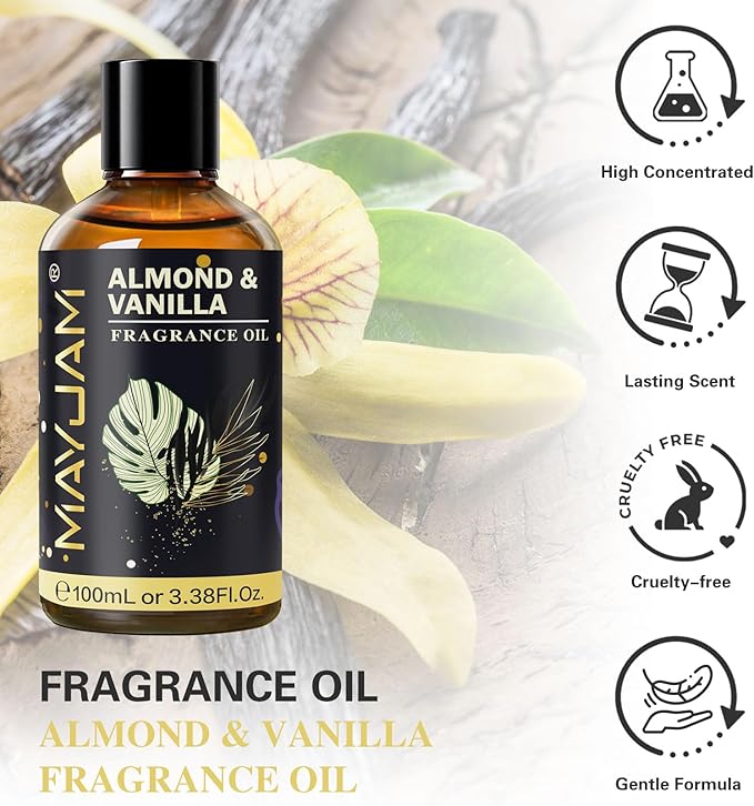 Almond & Vanilla Fragrance Oil Essential Oil, MAYJAM 3.38FL.OZ Almond & Vanilla Oil for Diffusers for Home, Long Lasting Scented Oils for Soap Candle Making - 100ML - Bloomnest