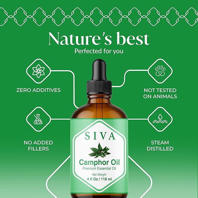 Siva Camphor Essential Oil - 4 Fl Oz – 100% Natural Camphor Oil - for Diffuser, Face, Skin Care, Aromatherapy, Hair Care, Scalp and Body Massage - with Dropper - Bloomnest