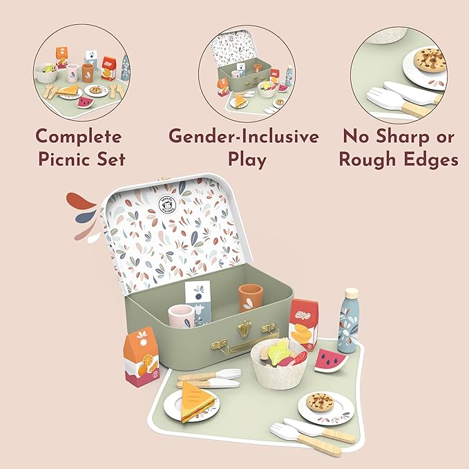 SPEEDY MONKEY Wooden Picnic Basket Playset – FSC Certified Pretend Play Food & Fruit Toy for Toddlers & Preschoolers, Outdoor Picnic Travel Adventure, Kitchen Role Play Set for Boys & Girls - Bloomnest