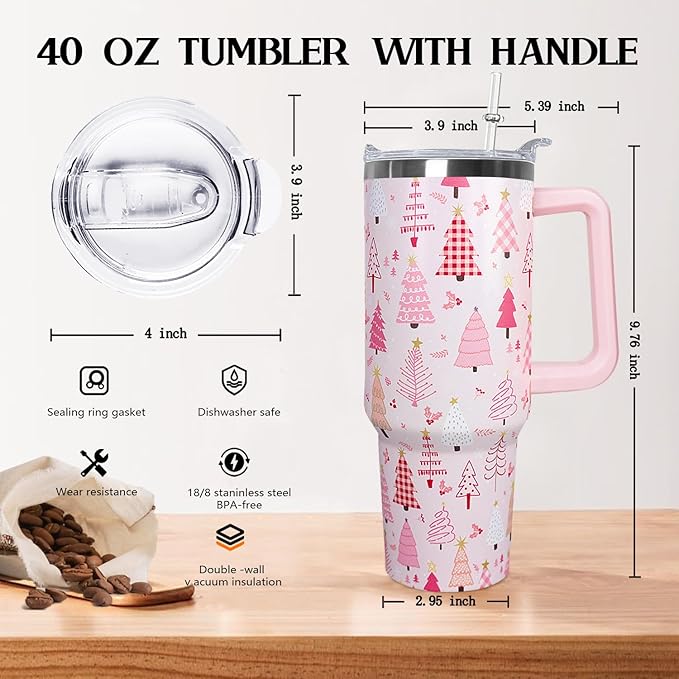 Ceovfoi 40 Oz Pink Christmas Tree Tumbler With Handle,Christmas Tree Coffee Travel Mug Cup,Christmas Decor,Christmas Gifts for Women - Bloomnest