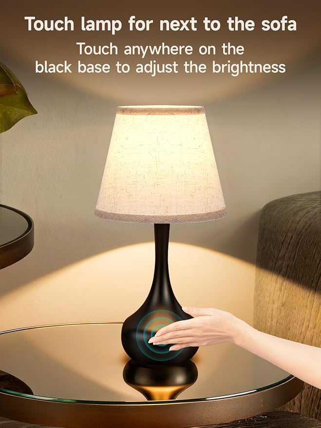Touch Table Lamp for Bedroom Set of 2, Farmhouse 3-Way Dimmable Table Lamps for Nightstand with Fabric Shade, Lamps for Living Room，Desk Lamps for Home Office, Black Lamp for Bedroom - Bloomnest